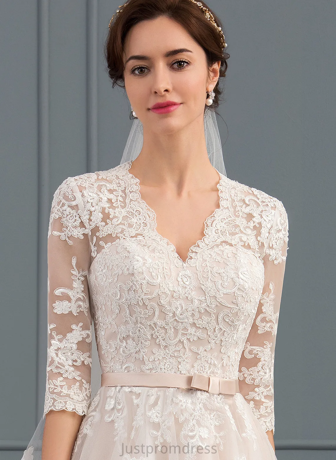 Lace With V-neck Dress Bow(s) Knee-Length A-Line Karly Wedding Wedding Dresses Tulle