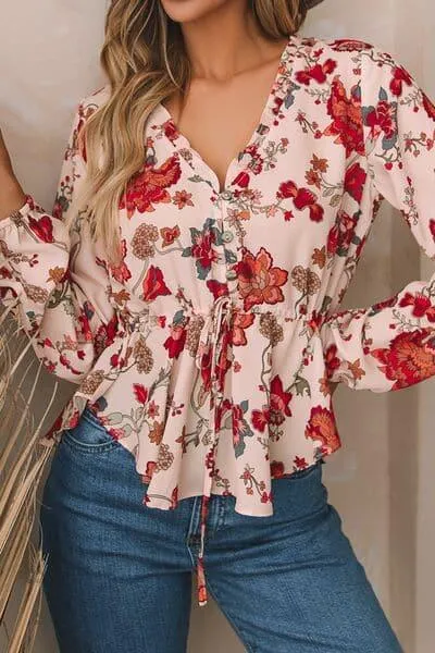 Lucy Floral V-Neck Drawstring Peplum Blouse