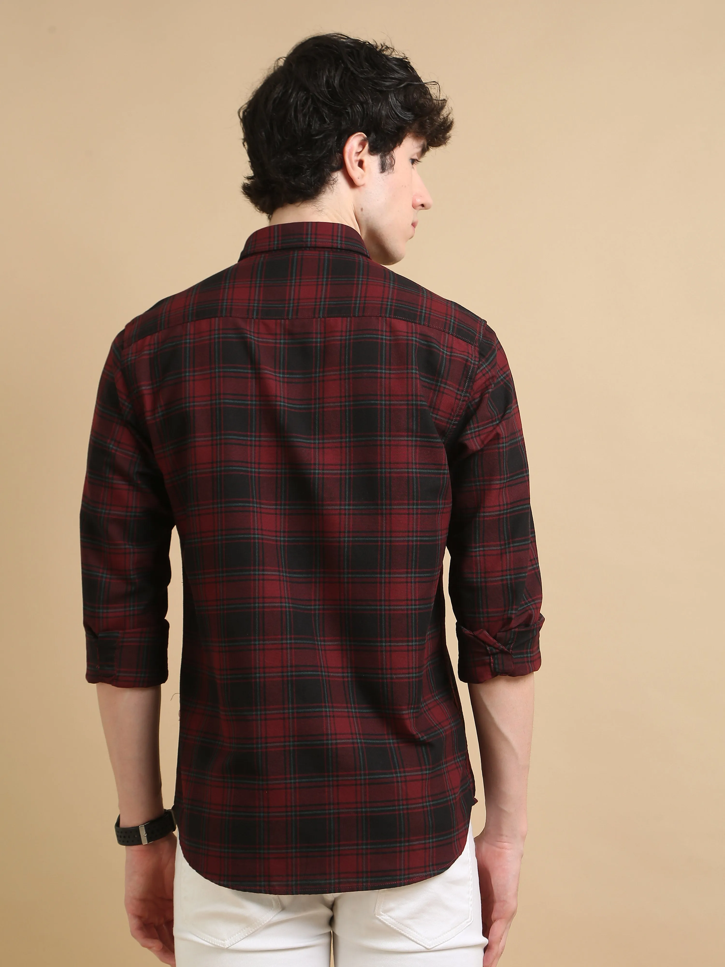 Men Maroon Slim Fit Checks Full Sleeve Casual Shirt