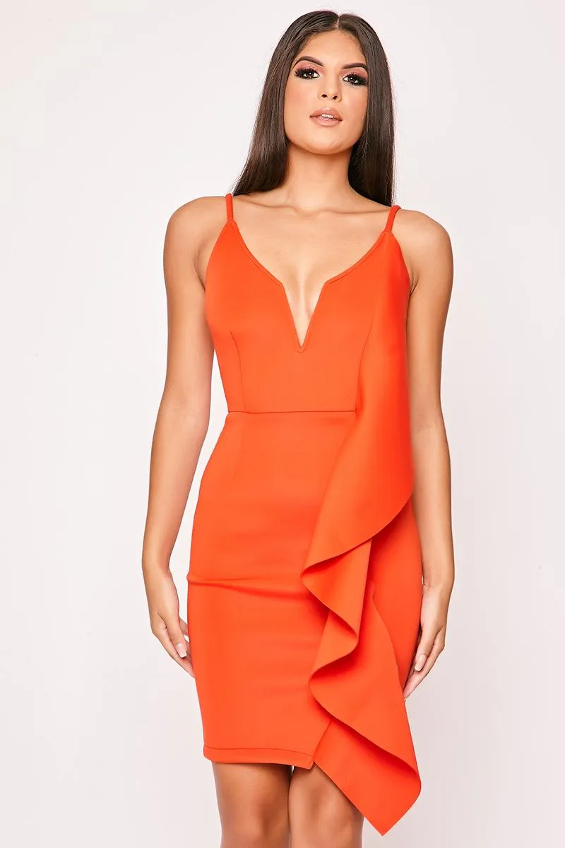 Nathalie - Orange Draped Frill V Front Bodycon Dress