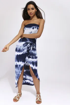 Navy Bandeau Wrap Front Midi Dress