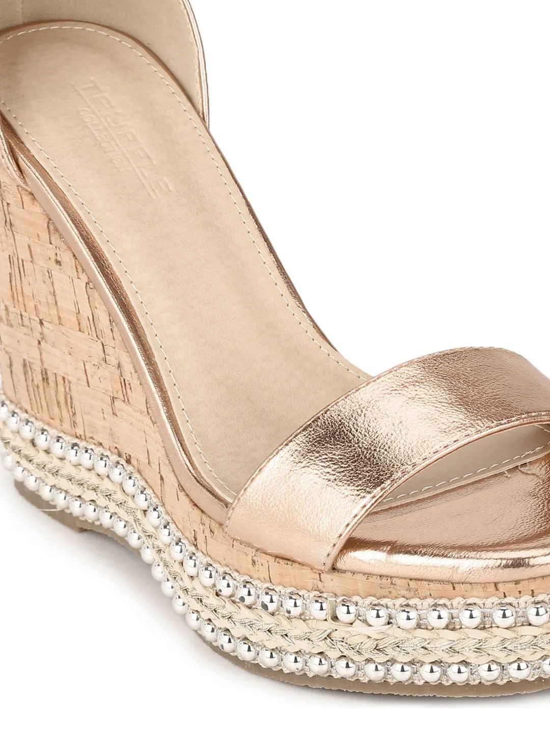 Rose Gold PU Embellished Wedges