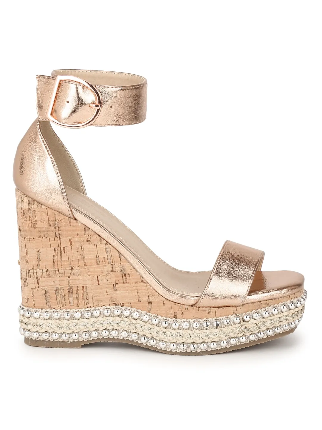 Rose Gold PU Embellished Wedges