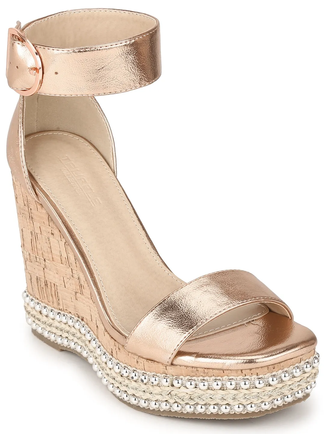 Rose Gold PU Embellished Wedges