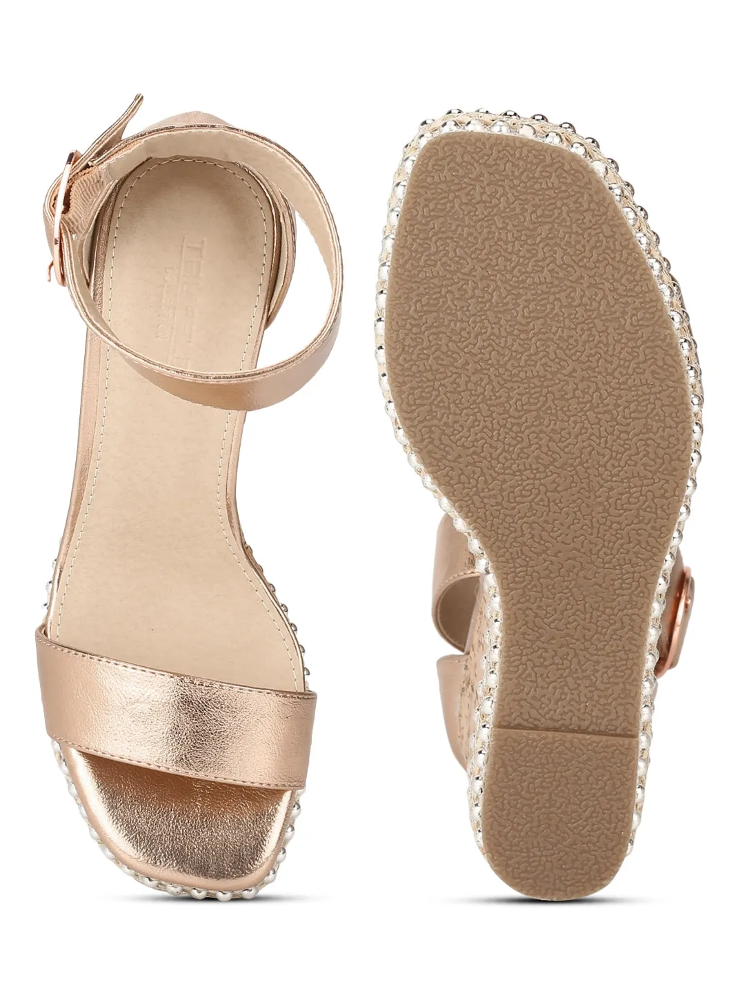 Rose Gold PU Embellished Wedges