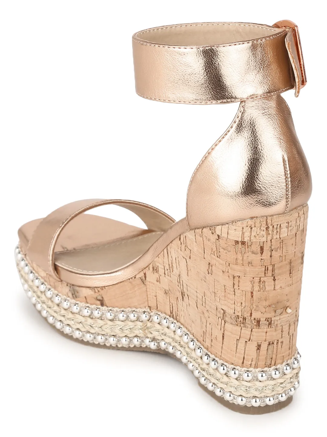 Rose Gold PU Embellished Wedges