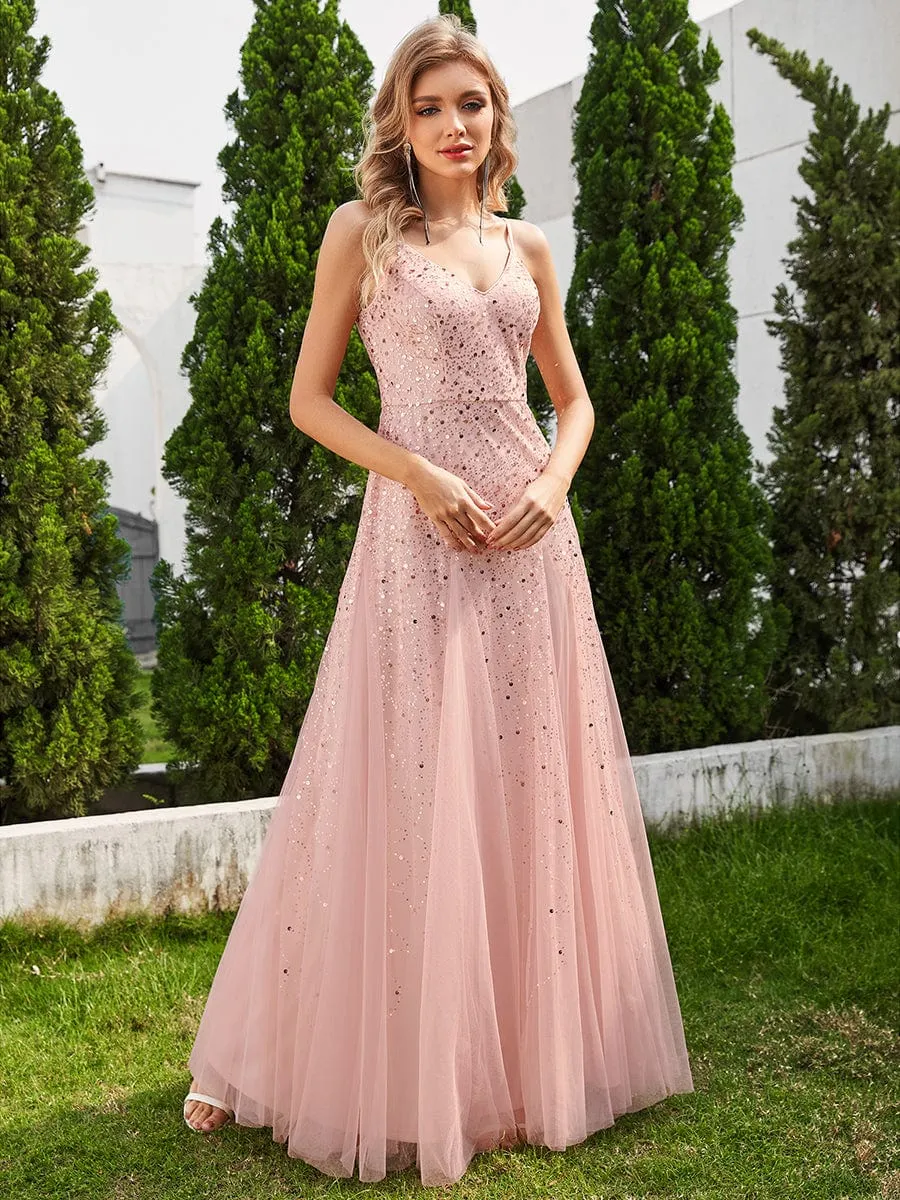 Sequined V-Neck Tulle Sleeveless Dress with Empire Waist In Pink