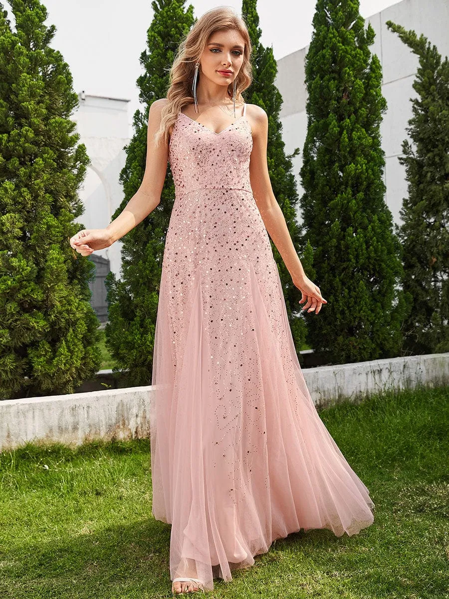 Sequined V-Neck Tulle Sleeveless Dress with Empire Waist In Pink