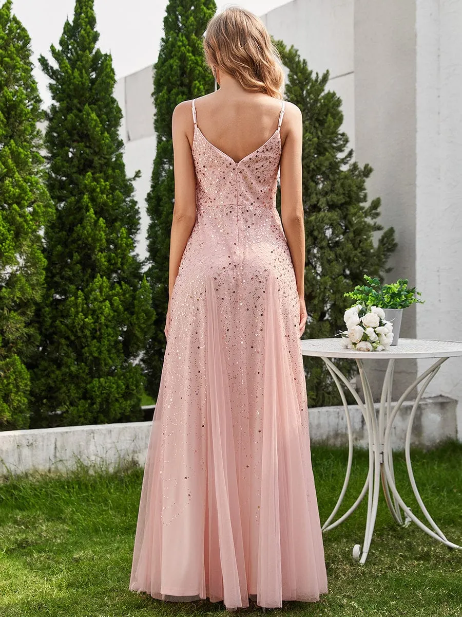 Sequined V-Neck Tulle Sleeveless Dress with Empire Waist In Pink