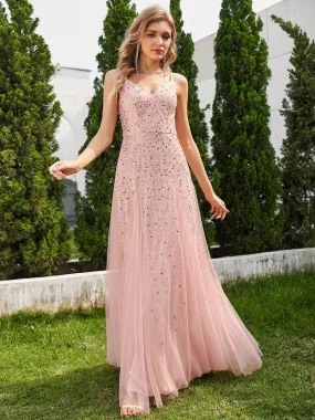 Sequined V-Neck Tulle Sleeveless Dress with Empire Waist In Pink