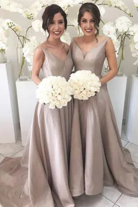 Silver Long A Line Taffeta Bridesmaid Dresses, Best Elegant V neck Bridesmaid Gown PFB0061