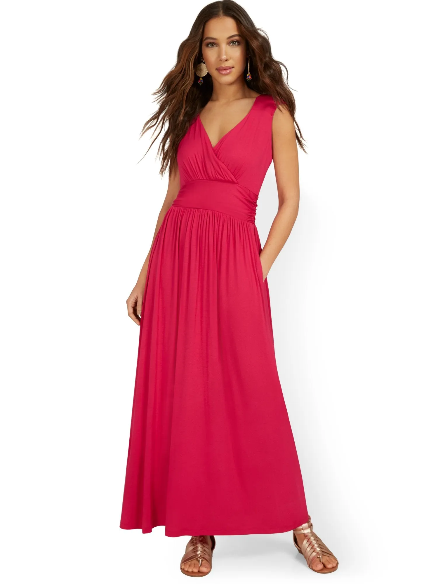 Sleeveless V-Neck Wrap-Front Maxi Dress