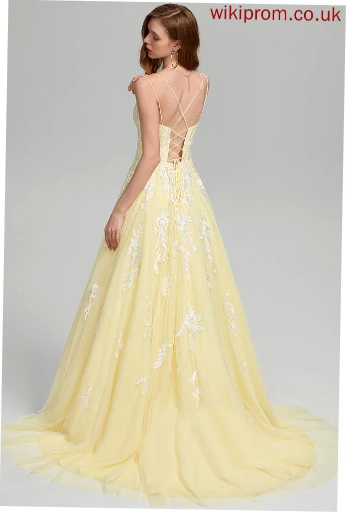 Sweep Train Prom Dresses Tulle Lace Square Makaila Ball-Gown/Princess