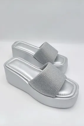 Tahiti Diamante Embellished Strap Wedge Mules in Silver