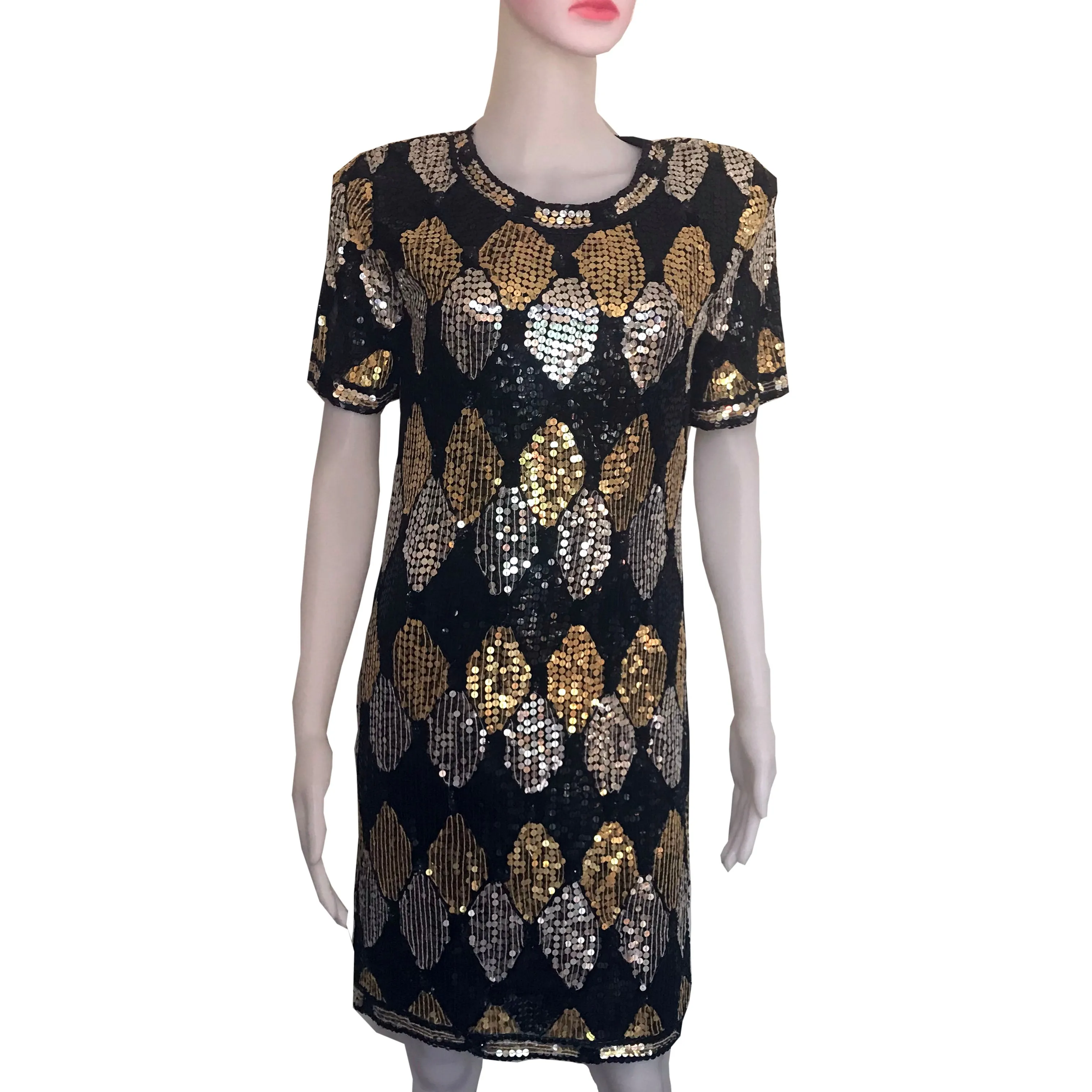 Vintage 1980s Black-Gold-Silver Sequined Dress