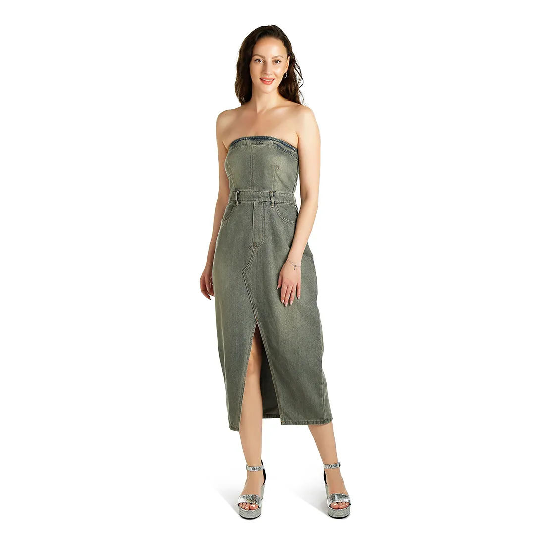 Vintage Wash Strapless Midi Dress