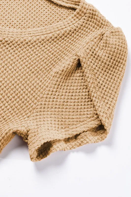 Waffle Tulip Petal Sleeve Waffle Knit Top Shirt