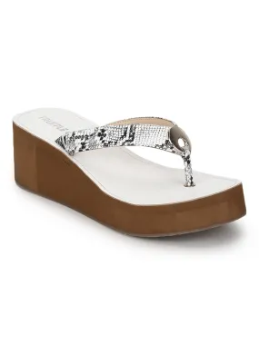 White PU Snake Pattern Slip On Wedges